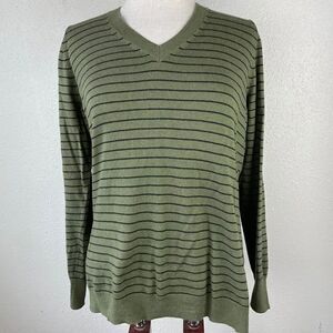 Worthington Green Striped V Neck Sweater EUC